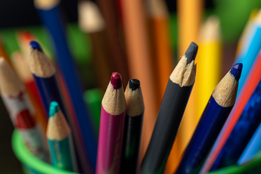 Close-up of colored pencils in a row on white background with copy space