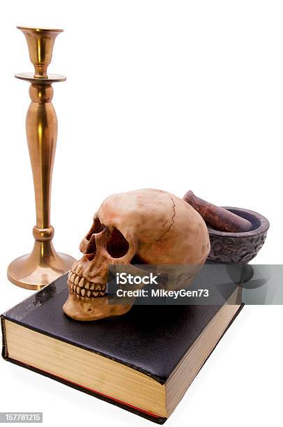 Skull On Book Stock Photo - Download Image Now - White Background, Book, Halloween