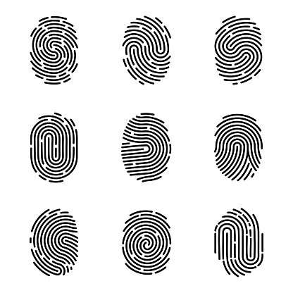 Thumb finger prints. Access icons. Human forefinger imprint. ID logo. Identity detection. Fingerprint and thumbprint. Biometric identification. Touch black line pattern. Vector isolated symbols set