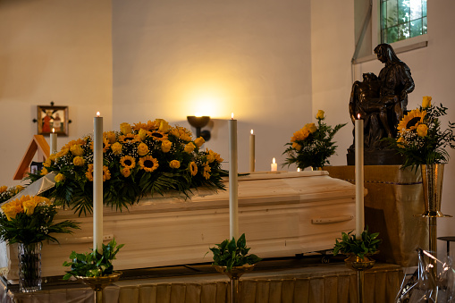 Wooden coffin in the church