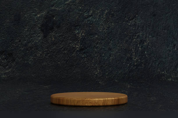 istock Wood podium in cave, wood pedestal display background, 3D rendering. 1577843838