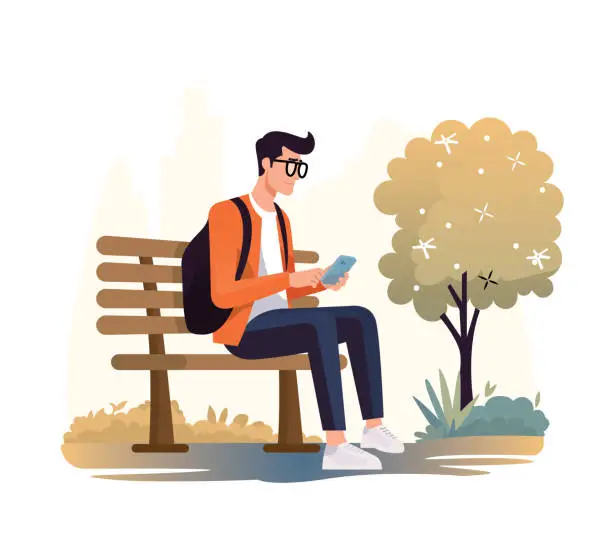 Vector illustration of Young people holding phone on bench park, talking and typing on Phone, cartoon style illustration