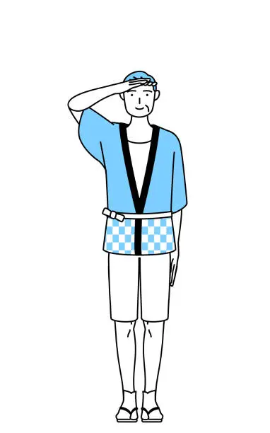 Vector illustration of Senior man wearing Happi coat for summer festivals making a salute.