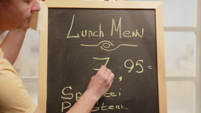 Price reduction. Manager of street cafe changes price tag for menu on chalkboard