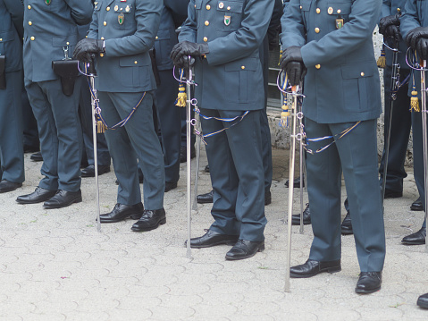Cuenca, Ecuador - June 17, 2015: Lined police in the center of Cuenca, Ecuador