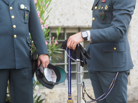 Cremona, Italy - June 25th 2023 guardia di finanza italian tax task force parade , uniform details, unrecognizable officials for 249th anniversary.