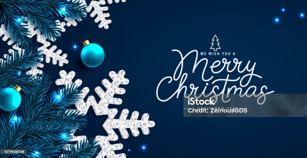 メリークリスマスのテキストベクター画像デザイン。雪片と松の木のトウヒのエレメントを持つクリスマスグリーティングカード - クリスマスのロイヤリティフリーベクトルアート メリークリスマスのテキストベクター画像デザイン。雪片と松の木のトウヒのエレメントを持つクリスマスグリーティングカード - クリスマスのロイヤリティフリーベクトルアート