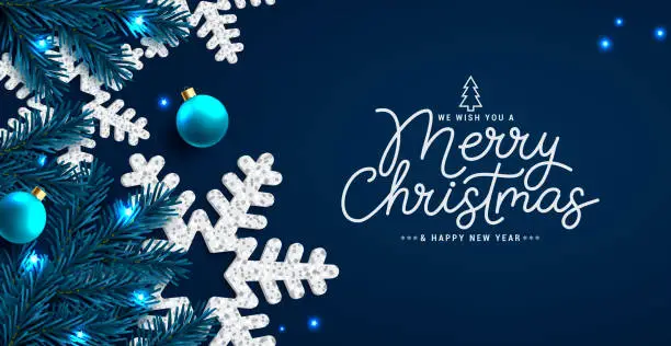 Vector illustration of Merry christmas text vector design. Christmas greeting card with snow flakes and pine tree spruce elements