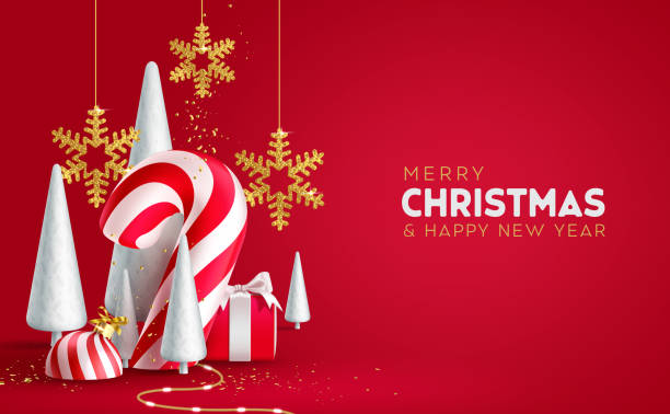 istock Merry christmas text vector design. Christmas greeting card with candy cane, pine tree, snow flakes and pine tree 1577930367