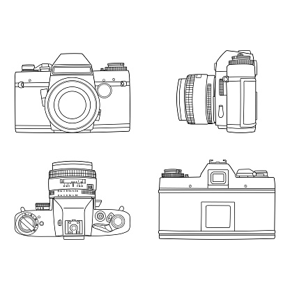 Set of hand drawing old SLR vintage film photo camera. Different four view shot - front, rear, side and top. Isolated doodle vector illustration