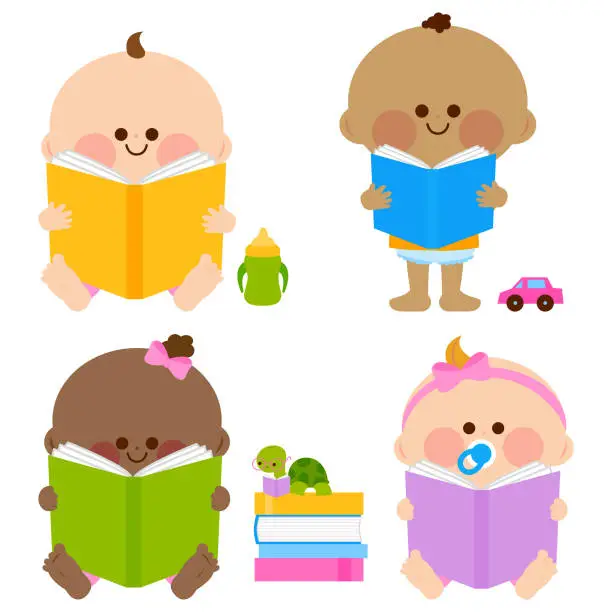 Vector illustration of Babies reading books. Vector illustration