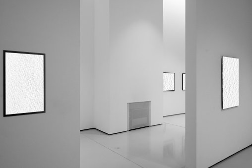 Frames with a blank interior are displayed in the display room from the white walls. The white interior of the frames allows the insertion of images or text. Perspective view.