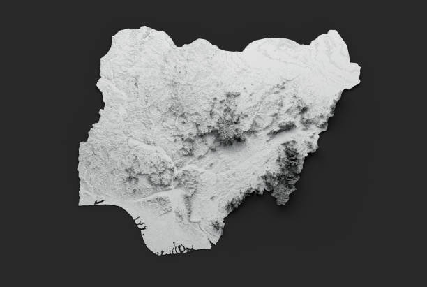 3d nigeria mapa czarno-biały cieniowany relief, mapa hipsometryczna na czarnym tle ilustracja 3d - nigeria africa abuja landscape zdjęcia i obrazy z banku zdjęć