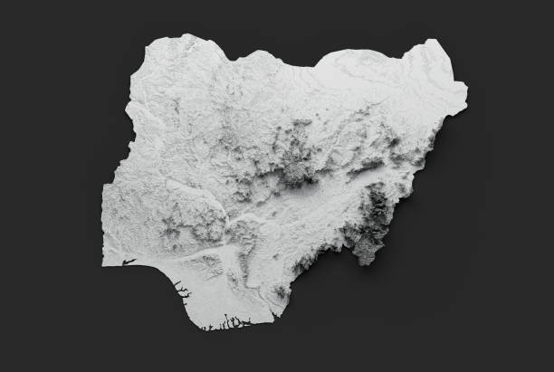 3d nigeria map black and white shaded relief hypsometric map on black background 3d illustration - nigeria africa abuja landscape imagens e fotografias de stock