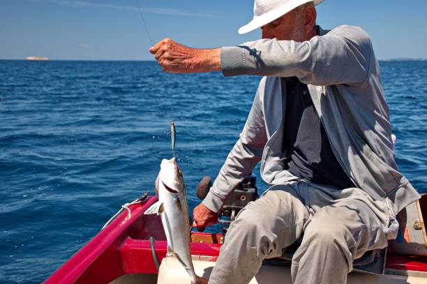 istock Senior man holding fish on hook 1577977154