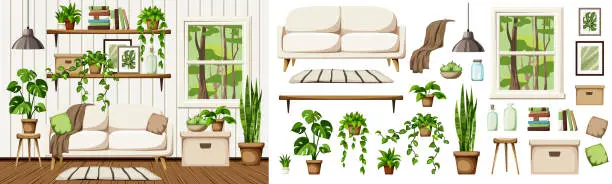 Vector illustration of Scandinavian room interior with a sofa, bookshelves, and houseplants. Furniture set. Interior constructor. Cartoon vector illustration