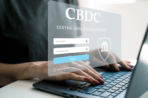 CBDC Central Bank Digital Currency Concept. Futuristic digital money concept. Data protection, security internet access, password, cyber security, cyberspace, padlock.
