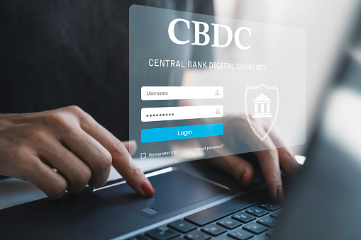 CBDC Central Bank Digital Currency Concept. Futuristic digital money concept. Data protection, security internet access, password, cyber security, cyberspace, padlock.