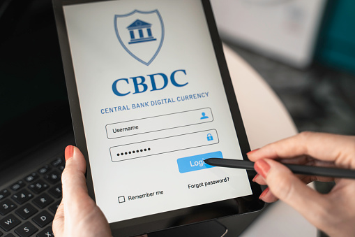 CBDC Central Bank Digital Currency Concept. Futuristic digital money concept. Data protection, security internet access, password, cyber security, cyberspace, padlock.