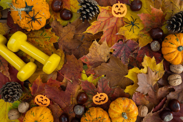 istock Halloween composition with gym dumbbells, autumn pumpkins, decorations and copy space on fall leaves. 1578046733