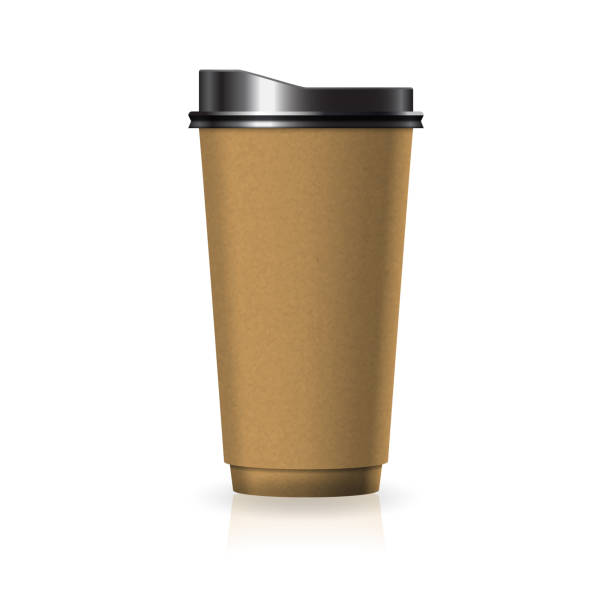 Brown kraft paper-plastic coffee-tea cup with black lid in large size mockup template. Brown kraft paper-plastic coffee-tea cup with black lid in large size mockup template. Isolated on white background with reflection shadow. Ready to use for brand design. Vector illustration. corporate identity packages stock illustrations