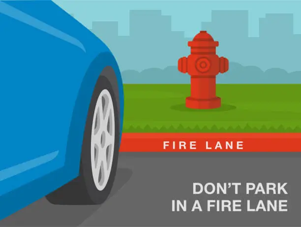 Vector illustration of Outdoor parking rules. Red colored curb meaning. Perspective close-up view of vehicle front tires and fire hydrant. Don't park in a fire lane. No parking area.