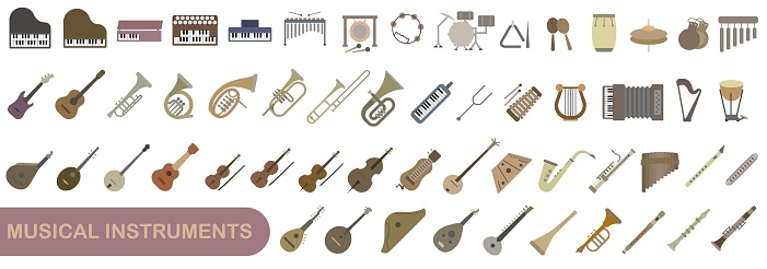 A simple set of colored musical instruments. Images of various musical instruments. EPS 10.