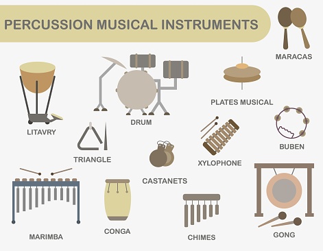 Set of colored percussion musical instruments. Percussion instruments with the name. EPS 10.