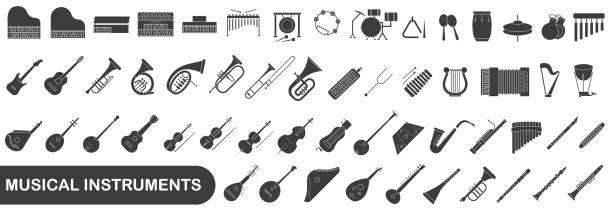 prosty zestaw ciemnych, pustych instrumentów muzycznych. obrazy różnych instrumentów muzycznych. - brass instrument illustrations stock illustrations