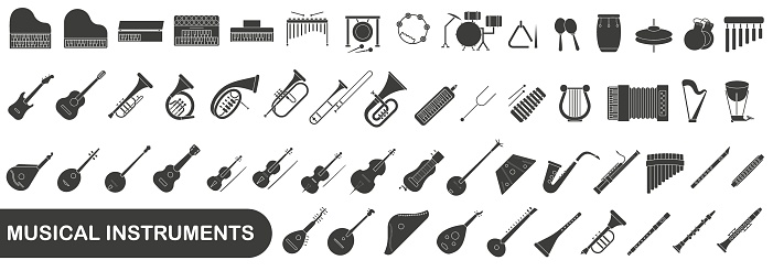 A simple set of dark hollow musical instruments. Images of various musical instruments. EPS 10.