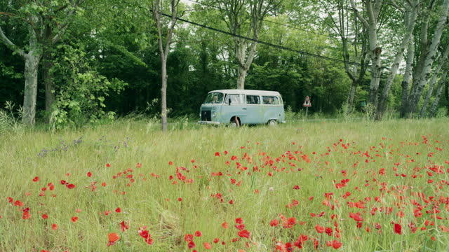 Two young girls wearing denim shorts running through field of wild poppies dancing and spinning in slow motion enjoying european travel adventure