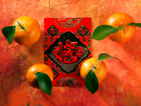 High angle view of tangerine preparing in a box during chinese new year