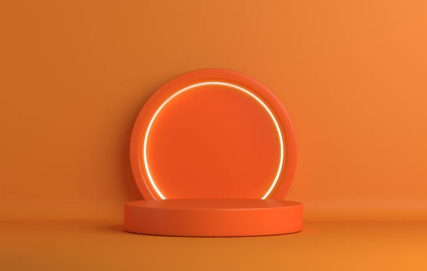 istock Autumn circle podium decoration background with neon light, product display mock up, 3d rendering illustration 1578140490