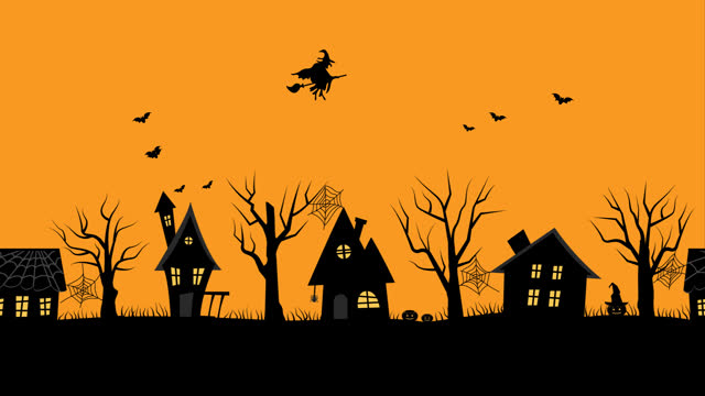Halloween animation. Spooky village. Witch flying on a broomstick