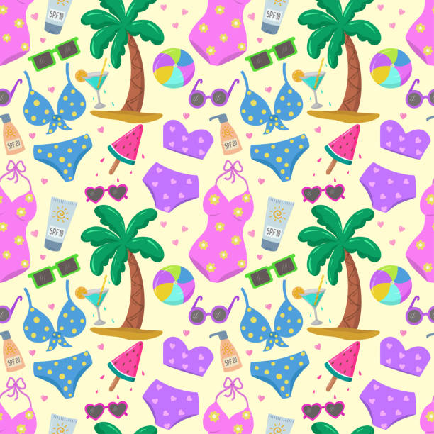 Beautiful summer background on a beach theme. Pattern with women's swimwear, bikinis, sunglasses, palm trees, ball, umbrella, sunscreen,cocktails and ice cream.  Vector illustration. Beautiful summer background on a beach theme. Pattern with women's swimwear, bikinis, sunglasses, palm trees, ball, umbrella, sunscreen,cocktails and ice cream.  Vector illustration. seamless wallpaper video stock illustrations