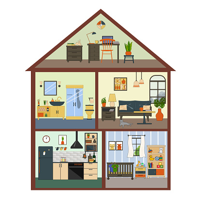 Sectional plan of the doll house. Vector flat illustration with outline. Living room, bathroom and kitchen, children room and study in the attic. For covers and brochures, games for kids, advertising flyers, posters, social networks and web pages.