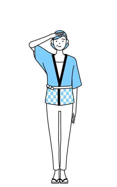 Vector illustration of Senior woman wearing Happi coat for summer festivals making a salute.