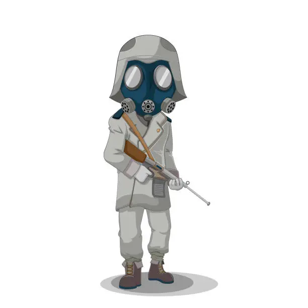 Vector illustration of Soldier Gas Mask Stand Cartoon Characters Isolate Vector