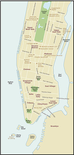 ilustraciones, imágenes clip art, dibujos animados e iconos de stock de mapa de la ciudad de nueva york - manhattan