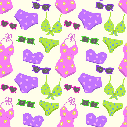 Vector seamless pattern with swimwear and sunglasses. Fashionable background in a nautical style. Marine and summer illustration.