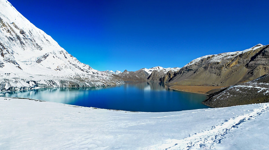 Beautiful panoramic view of Tilicho Lake on Annapurna Circuit Trek, Nepal.