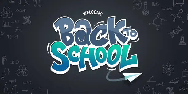 Vector illustration of Colorful Back to School lettering in graffiti style. Background of black chalk board with hand drawn study notes. First day at school banner design. Vector illustration