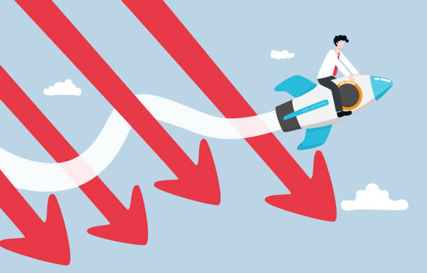 istock Business survival during recession, overcome difficulty in economic crisis, adaptation of company to cope with situation concept, Businessman riding rocket to avoid down arrows. 1578243930