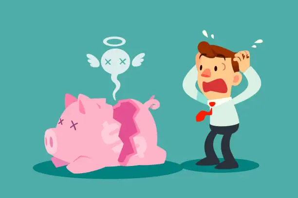 Vector illustration of upset businessman looking at his broken piggy bank