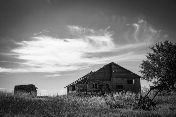 istock an old wooden building on a plain with trees and grass 1578255128