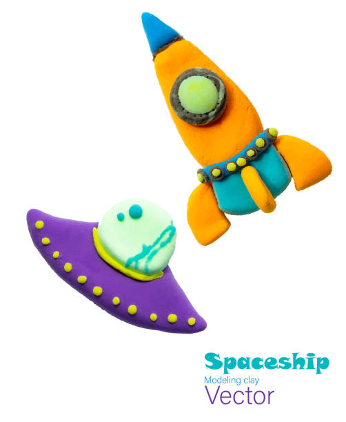 Realistic 3d cartoon flying rocket on white background. Cute stylised spaceship. Colorful bright vector illustration. Clay hand made, plasticine. Creative concept art