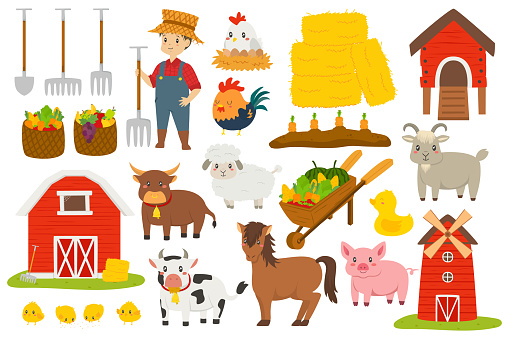 Happy farmer, cute farm animals, and farm equipment and crops vector set. Farm vector illustrations.