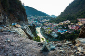 Karnaprayag town at the confluence of Alaknanda and Pindar River. Uttarakhand, India