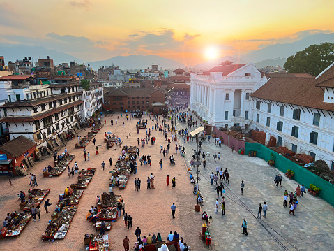 A street scene in Kathmandu the capital of Nepal horizontal high angle travel still with lens flare
