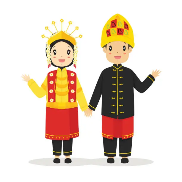 Vector illustration of Cute Couple Wearing Aceh, Indonesia Traditional Dress Vector